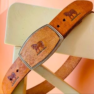 Embossed leather belt with horse motif